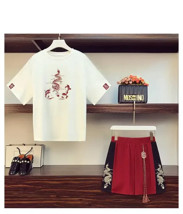 2025 جديد اليابانية Harajuku المحملة القمم النمط الصيني تانغ دعوى المرأة تي شيرت غير رسمي واسعة الساق الكونغ فو فستان أطفال مع سروال داخلي الملابس الشرقية