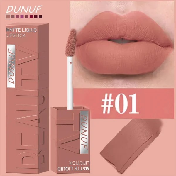 DUNUF 8 ألوان غير لامعة مخملية ناعمة وسهلة الاستخدام على شكل أنبوب مربع ملمع شفاه مقاوم للماء ثلاثي الأبعاد أحمر شفاه منتفخ
