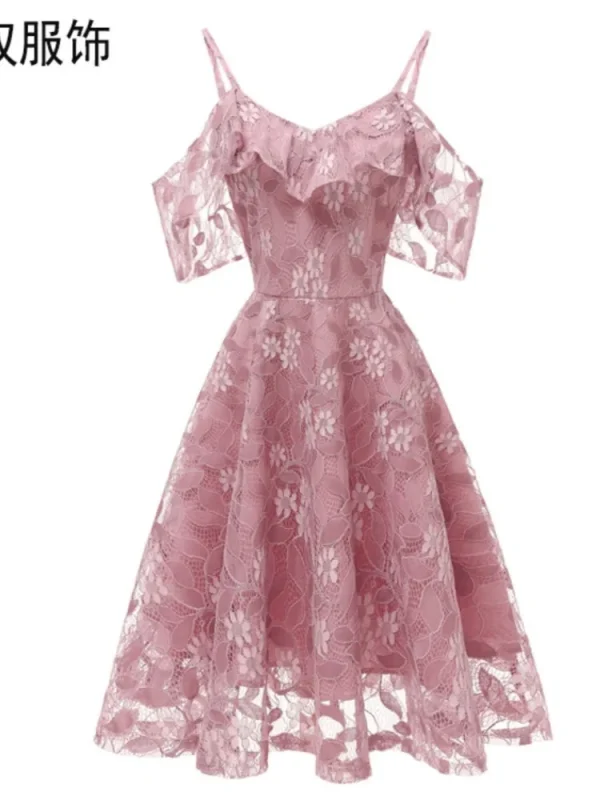 فستان نسائي صيفي أنيق بكشكش من الدانتيل المزهر باللون الواحد، كتف مكشوف، للأجازات، بأكمام كشكش، فساتين سهرة وحفلات