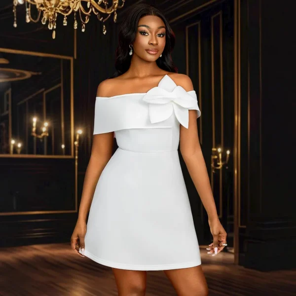 أزياء نسائية أمريكية أوروبية فستان أبيض بلون صلب برقبة مائلة على شكل حرف A بطول الركبة أنيق كاجوال عصري ملابس نسائية