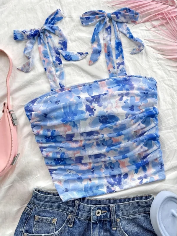 Solid Tie Shoulder Ruched Wide Strap Slim Fit Crop Top for Women Summer 2025 Y2K Clothes Pink Backless Cami Top Streetwear