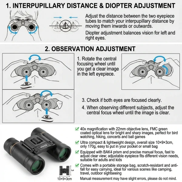 منظار 40x22 عالي الدقة مع BAK4 FMC: تلسكوب صغير طويل المدى قابل للطي بطول 2000 متر، مثالي للصيد والرياضة والتخييم والسفر