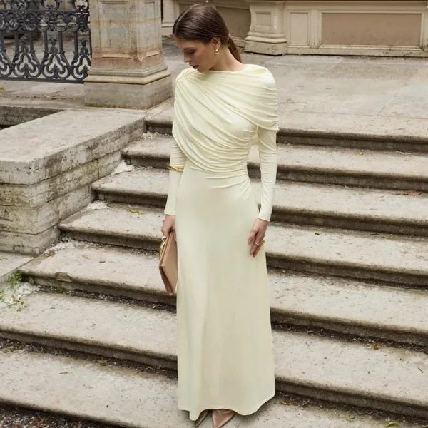 فستان طويل مثير مكشكش بأكمام طويلة للنساء لخريف وشتاء جديد غير منتظم بياقة دائرية وخصر عالٍ فستان حفلات للنوادي للسيدات