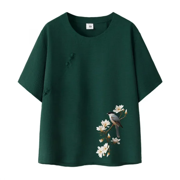 طقم حريمي صيفي بأكمام قصيرة من القطن والحرير على طراز الجدة ملابس نسائية غير رسمية ملابس منزلية قميص أمي ملابس خارجية زر طباعة الأزهار...