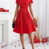 فستان ميدي لربيع وصيف للنساء أحمر بياقة على شكل V وأكمام ملفوفة من الأمام على شكل حرف a أنيق وأنيق للحفلات