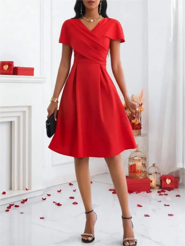 فستان ميدي لربيع وصيف للنساء أحمر بياقة على شكل V وأكمام ملفوفة من الأمام على شكل حرف a أنيق وأنيق للحفلات