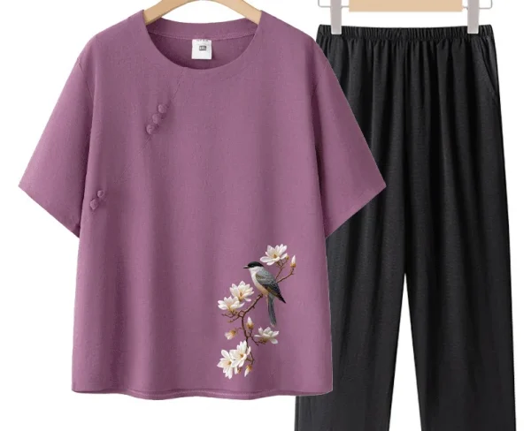 طقم حريمي صيفي بأكمام قصيرة من القطن والحرير على طراز الجدة ملابس نسائية غير رسمية ملابس منزلية قميص أمي ملابس خارجية زر طباعة الأزهار...