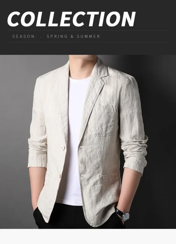 ربيع صيف 2025 بدلة رجالية جديدة عالية الجودة من الكتان الرجالي الأنيق قميص رقيق تركيب قماش معطف رجالي 100٪ كتان بليزر