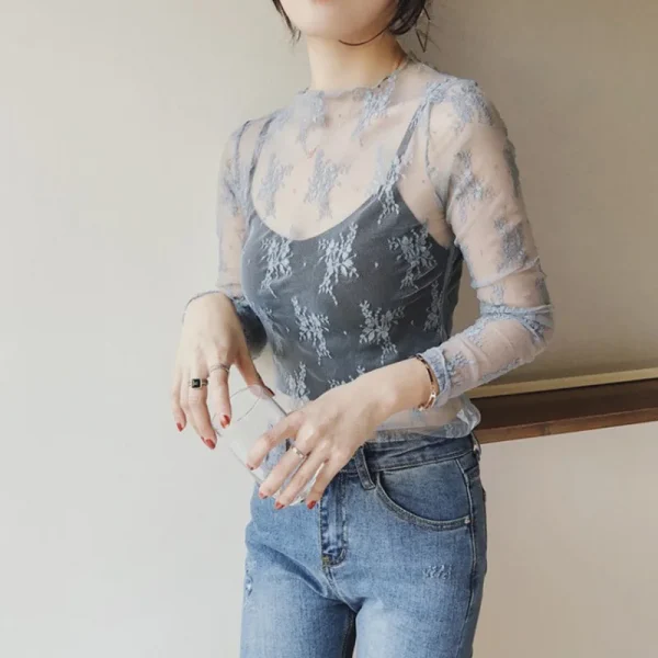 قميص داخلي من الدانتيل برقبة عالية لخريف وشتاء جديد للسيدات، قميص شبكي خشبي راقي وأنيق