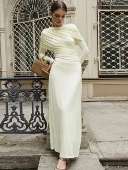 فستان طويل مثير مكشكش بأكمام طويلة للنساء لخريف وشتاء جديد غير منتظم بياقة دائرية وخصر عالٍ فستان حفلات للنوادي للسيدات