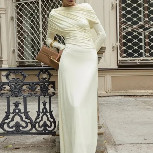 فستان طويل مثير مكشكش بأكمام طويلة للنساء لخريف وشتاء جديد غير منتظم بياقة دائرية وخصر عالٍ فستان حفلات للنوادي للسيدات