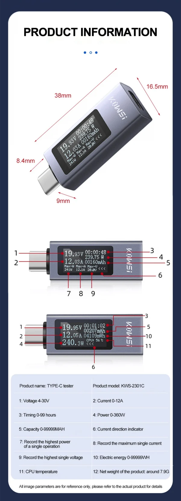 نوع-C متعدد الوظائف شاشة ديجيتال تيار مستمر الجهد مقياس التيار الكهربائي تيار مستمر 4-30 فولت 12A الفولتميتر مقياس التيار الكهربائي اختبار قدرة الشاحن