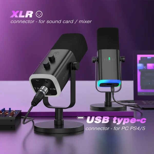 ميكروفون ديناميكي FIFINE USB/XLR مع زر كتم الصوت باللمس، ومقبس سماعة الرأس، وأدوات التحكم في الإدخال/الإخراج، لخلاط الكمبيوتر PS5/4، وميكروفون الألعاب Ampligame AM8