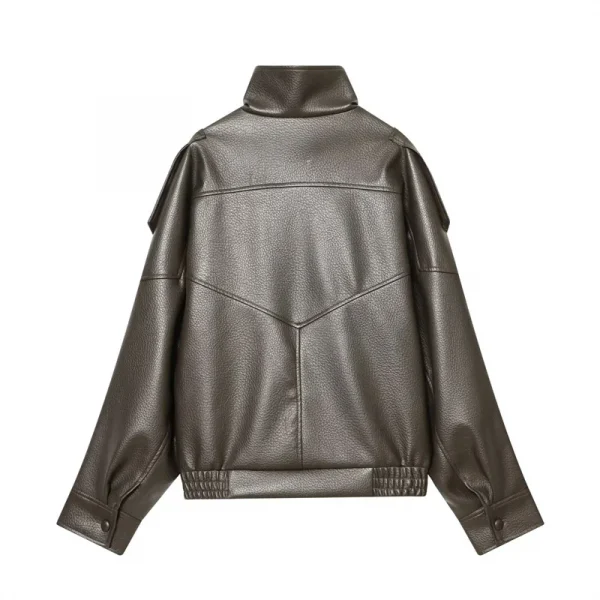 سترة نسائية لخريف 2025 جديدة باللون الأسود بأكمام طويلة من الجلد الصناعي بتصميم دراجة نارية