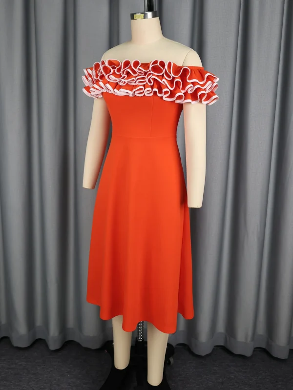 فستان عصري مكشكش مكشوف الأكتاف مع خصر مشدود، مقاس نحيف، فستان سهرة أنيق