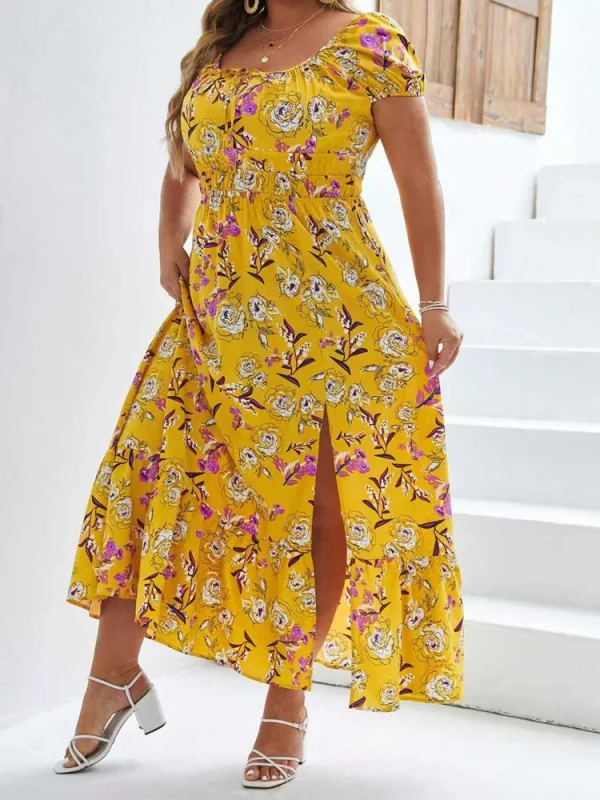 فستان نسائي طويل مقاس كبير مزين بالزهور، مرن بخصر عالٍ، فضفاض، رقبة مربعة، وأكمام منتفخة، فستان غير رسمي مناسب لجميع المواسم