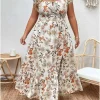 فستان نسائي طويل مقاس كبير مزين بالزهور، مرن بخصر عالٍ، فضفاض، رقبة مربعة، وأكمام منتفخة، فستان غير رسمي مناسب لجميع المواسم