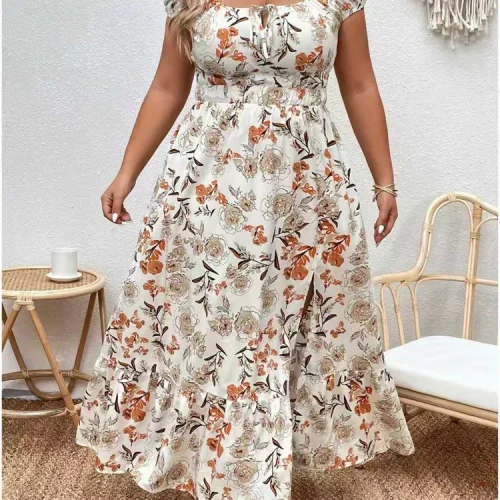 فستان نسائي طويل مقاس كبير مزين بالزهور، مرن بخصر عالٍ، فضفاض، رقبة مربعة، وأكمام منتفخة، فستان غير رسمي مناسب لجميع المواسم