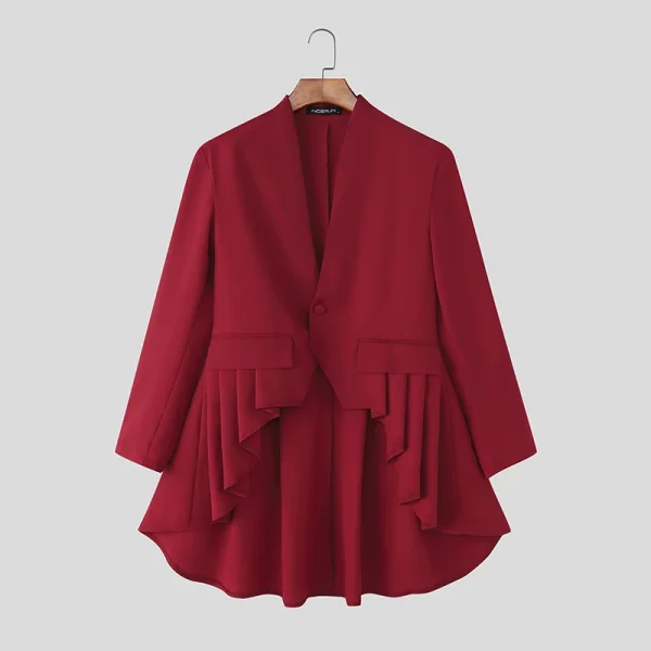 INCERUN Men Irregular Blazer V Neck Long Sleeve Ruffle One Button Male Suit Streetwear Pleated Fashion Casual Thin Coats Blazer