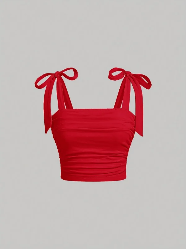 Solid Tie Shoulder Ruched Wide Strap Slim Fit Crop Top for Women Summer 2025 Y2K Clothes Pink Backless Cami Top Streetwear