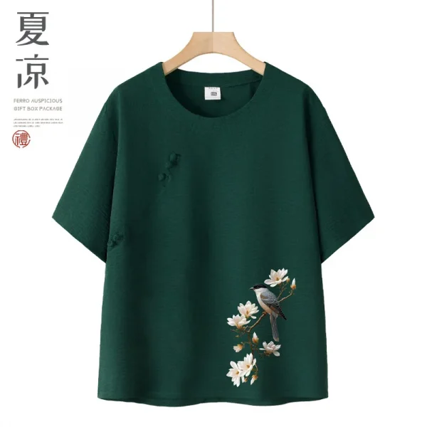 طقم حريمي صيفي بأكمام قصيرة من القطن والحرير على طراز الجدة ملابس نسائية غير رسمية ملابس منزلية قميص أمي ملابس خارجية زر طباعة الأزهار...