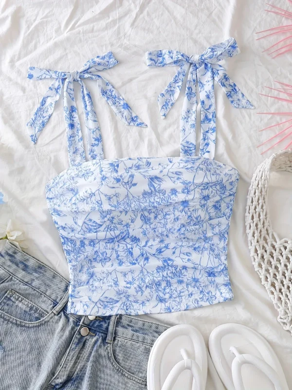 Solid Tie Shoulder Ruched Wide Strap Slim Fit Crop Top for Women Summer 2025 Y2K Clothes Pink Backless Cami Top Streetwear