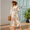 فساتين ماكسي نسائية سبينغ الخريف البوهيمي عادية كم كامل عالية الخصر امرأة الشاطئ فساتين الشيفون الأزهار فساتين فستان طويل