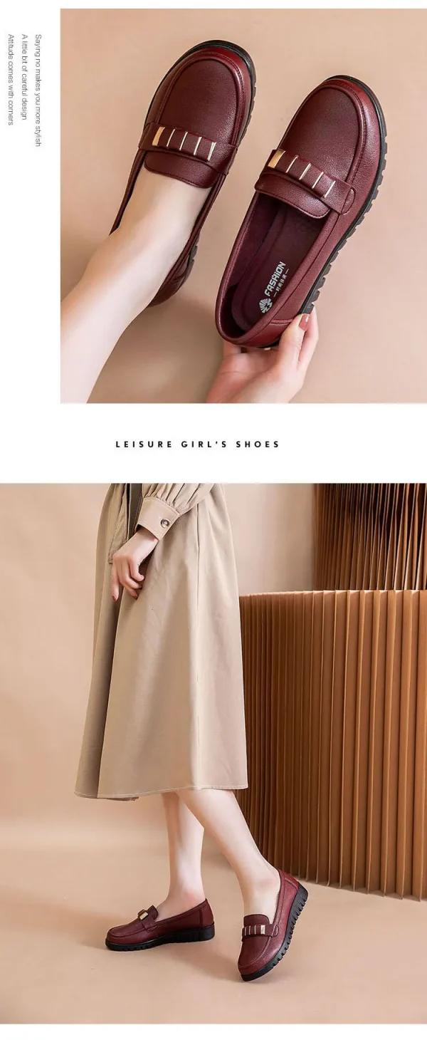 أحذية نسائية مسطحة من الجلد من الألياف الدقيقة باللون الأحمر النبيذي أحذية بدون كعب للنساء لفصل الربيع أحذية بدون كعب للأمهات المسنات أحذية مسطحة مقاس كبير 42