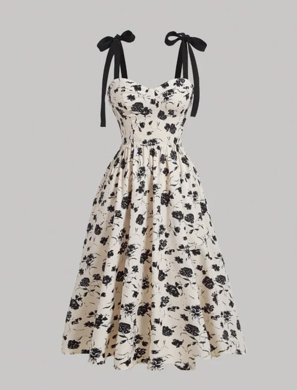 فساتين بحزام سباغيتي لعام 2026 للسيدات فستان فيستدوس لمزاج الزفاف أنيق فرنسي مطبوع عليه زهور حبال رفيعة عصرية