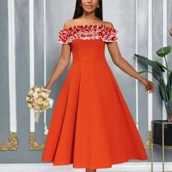 فستان عصري مكشكش مكشوف الأكتاف مع خصر مشدود، مقاس نحيف، فستان سهرة أنيق