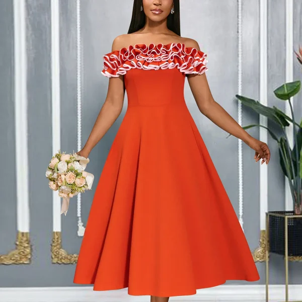 فستان عصري مكشكش مكشوف الأكتاف مع خصر مشدود، مقاس نحيف، فستان سهرة أنيق