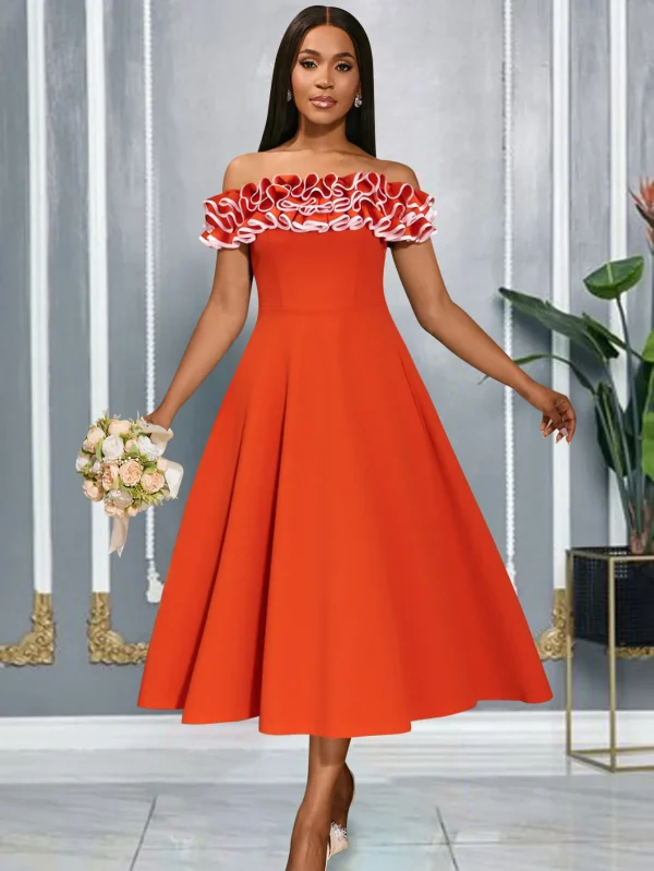 فستان عصري مكشكش مكشوف الأكتاف مع خصر مشدود، مقاس نحيف، فستان سهرة أنيق