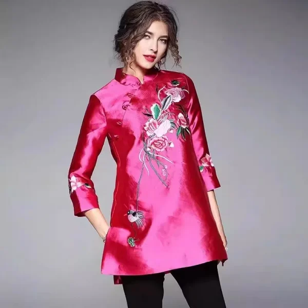 ربيع الخريف العرقية نمط تانغ دعوى معطف الرجعية التطريز زر الصينية أعلى المرأة بلوزة أنيقة فضفاضة الصينية أعلى 3126