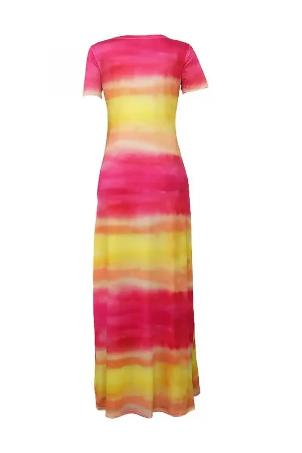 فستان ماكسي للربيع والصيف للنساء وردي أصفر بتدرج ألوان، كتف واحد، بأكمام قصيرة، ضيق، أنيق، كاجوال، للحفلات والإجازاتفستان نسائي صيفي أنيق بكشكش من الدانتيل المزهر