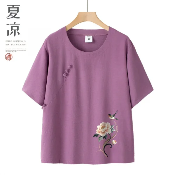 عادية الأزهار طباعة قصيرة الأكمام رقيقة أمي مجموعة الصيف فضفاض تي شيرت الجدة الملابس قطعتين دعوى البوليستر دنة مزيج