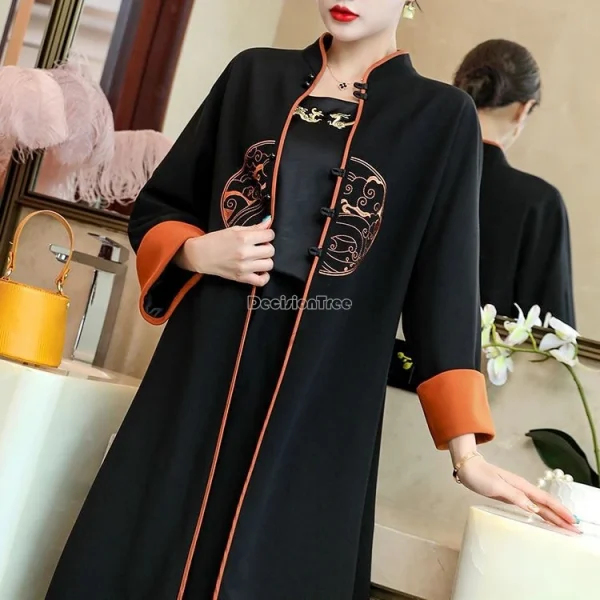 النمط الوطني الصيني تانغ دعوى زر الوقوف طوق السراويل واسعة الساق قطعتين مجموعة معطف طويل مجموعة عادية الإناث تانغ خندق معطف