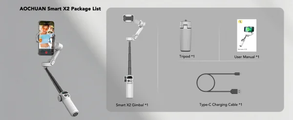 AOCHUAN Smart X2 3 Axis Gimbal Stabilizer للهواتف الذكية iPhone و Android Gimbal مع شاشة LED مدمجة لعمود التمديد