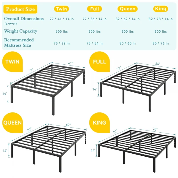 إطار سرير HOOMIC مقاس 14 بوصة مزدوج/كامل/Quen/King ذو منصة معدنية مع مساحة تخزين، لا حاجة إلى صندوق زنبركي، سهل التجميع