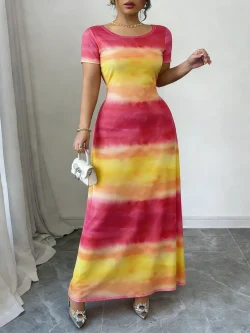 فستان ماكسي للربيع والصيف للنساء وردي أصفر بتدرج ألوان، كتف واحد، بأكمام قصيرة، ضيق، أنيق، كاجوال، للحفلات والإجازاتفستان نسائي صيفي أنيق بكشكش من الدانتيل المزهر