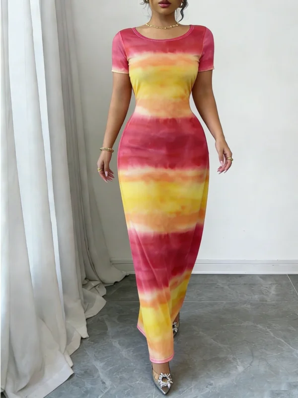 فستان ماكسي للربيع والصيف للنساء وردي أصفر بتدرج ألوان، كتف واحد، بأكمام قصيرة، ضيق، أنيق، كاجوال، للحفلات والإجازاتفستان نسائي صيفي أنيق بكشكش من الدانتيل المزهر