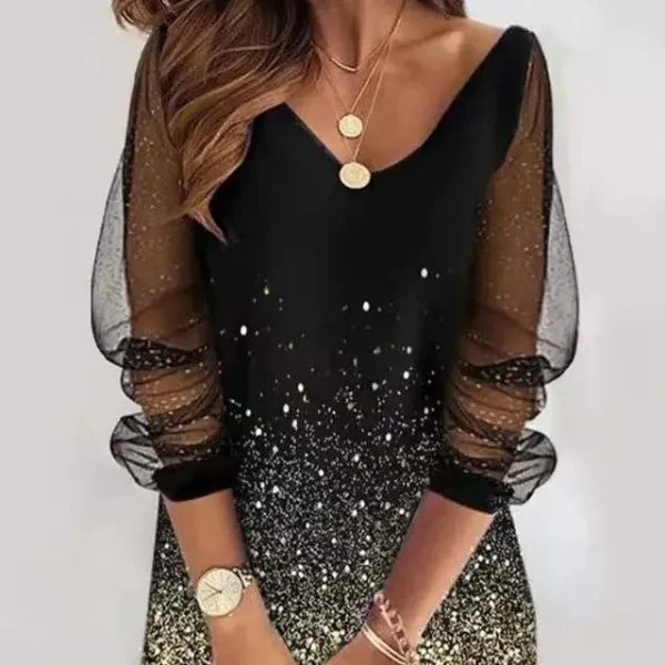 فستان نسائي من الشاش بتصميم ربيعي جديد موديل 2024 برقبة دائرية مزين بالترتر ومنظور