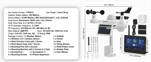 محطة طقس لاسلكية SucceBuy 7 في 1 مزودة بتقنية Wi-Fi وشاشة TFT ملونة مقاس 7 بوصات ومستشعر يعمل بالطاقة الشمسية للمراقبة الداخلية والخارجية