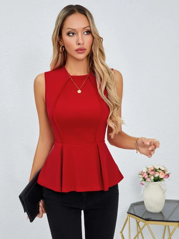 بلوزة نسائية بدون أكمام باللون الأحمر ورقبة دائرية وحاشية بيبلوم بقصة ضيقة للربيع والصيف أنيقة وعصرية ومناسبة للمواعدة اليومية
