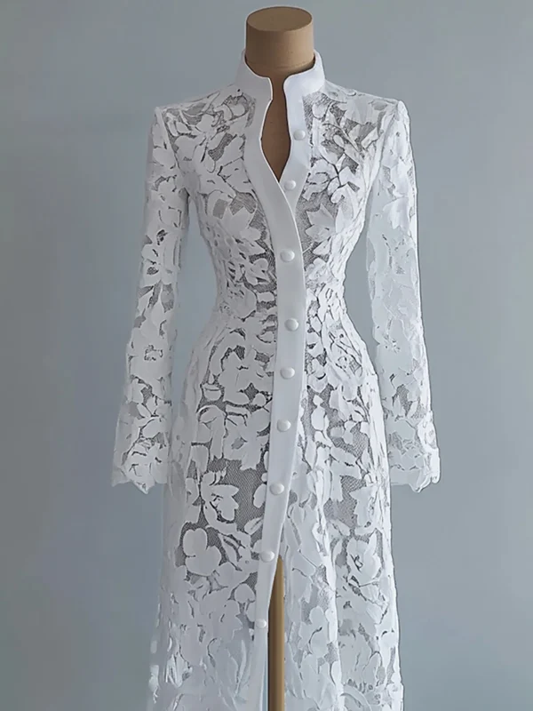 المرأة الأزهار تفريغ الدانتيل فستان أنيق الصلبة واحدة الصدر الياقة المدورة الخريف طويلة الأكمام سترة أبلى فساتين متوسطة الطول