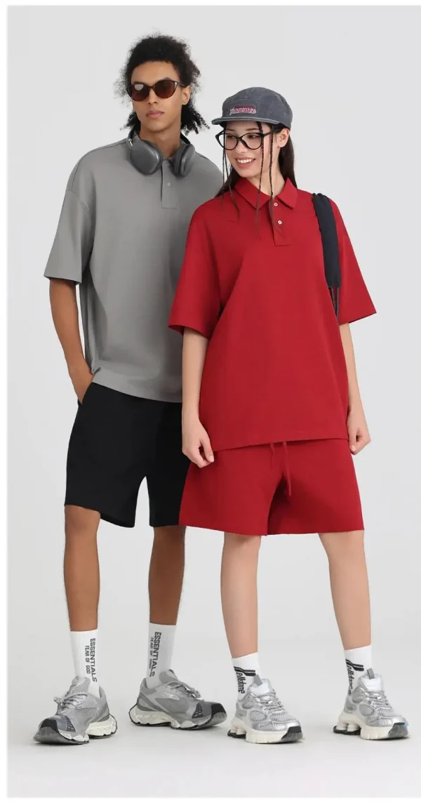 275 جرامًا من القطن الخالص بلون فضفاض قصير الأكمام قميص بولو قم بتخصيص تصميم نص الصورة الخاص بك للنساء والرجال