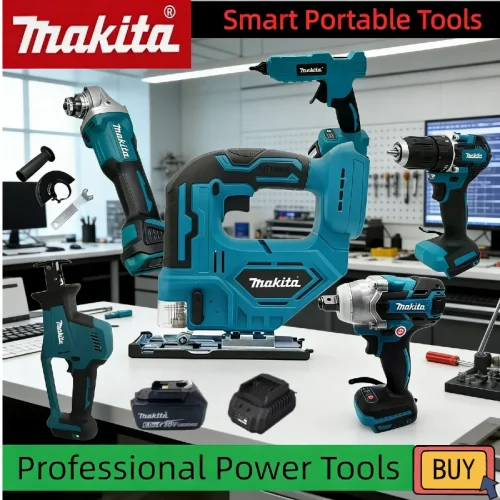 مجموعة ماكيتا الاحترافية 18 فولت 20 فولت بدون فرشاة: مطحنة زاوية، مسدس شحم، منشار جنزيري، منفاخ، مسدس سيليكون وآلة قطع