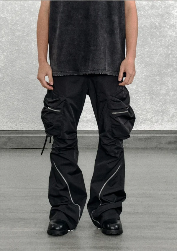 Mauroicardi ربيع الخريف السراويل البضائع السوداء الرائعة للرجال مع جيوب كبيرة طويلة زيبر الفاخرة مصمم الملابس السراويل موضة 2023