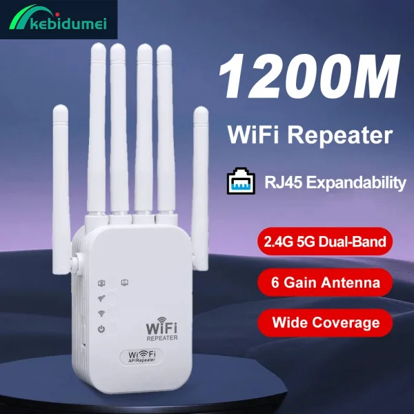 Kebidumei 1200Mbps لاسلكي واي فاي مكرر موسع واي فاي إشارة الداعم 2.4G 5G شبكة ثنائية النطاق 802.11ac واي فاي مكبر للصوت راوتر