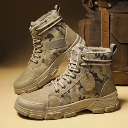 New Men's Winter Camouflage Ankle Boots Fur Lined Warm Non-Slip Outdoor Tactical Work Boots for Male