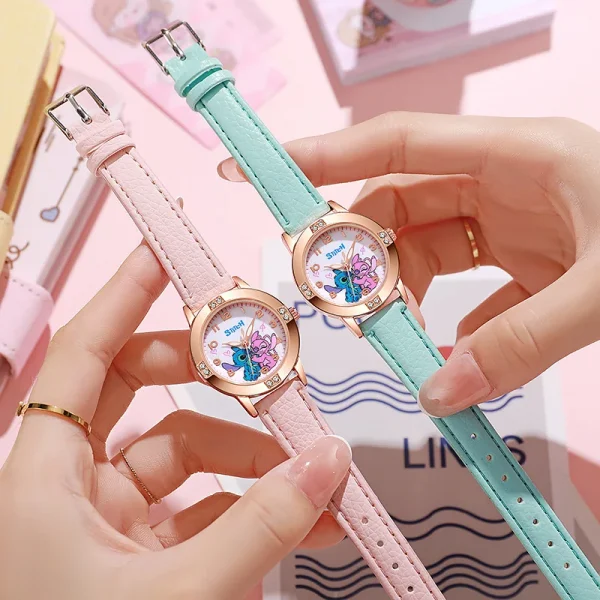 Cartoon Pattern Stitch Girls Watches for Kids Leather Strap Children Watch with Rhinestone Dial reloj stich Exquisite Gift